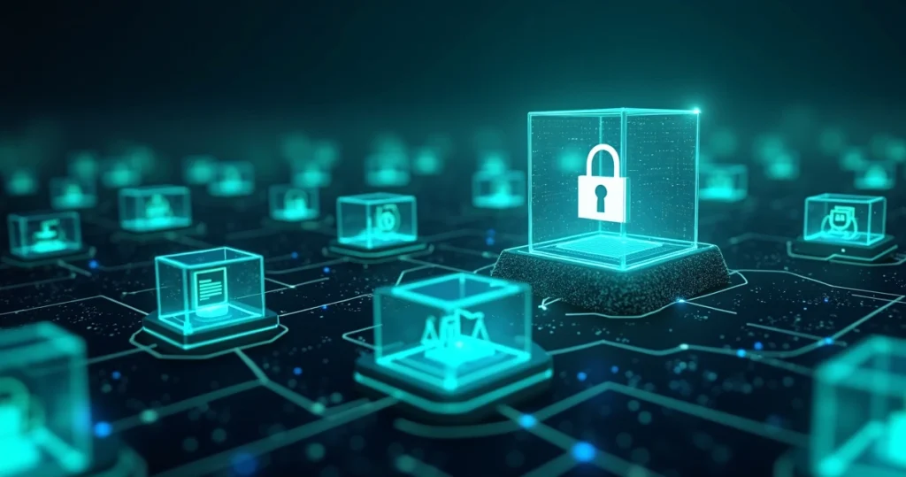 Blocos de blockchain conectados com ícones de contratos digitais e cadeado de segurança