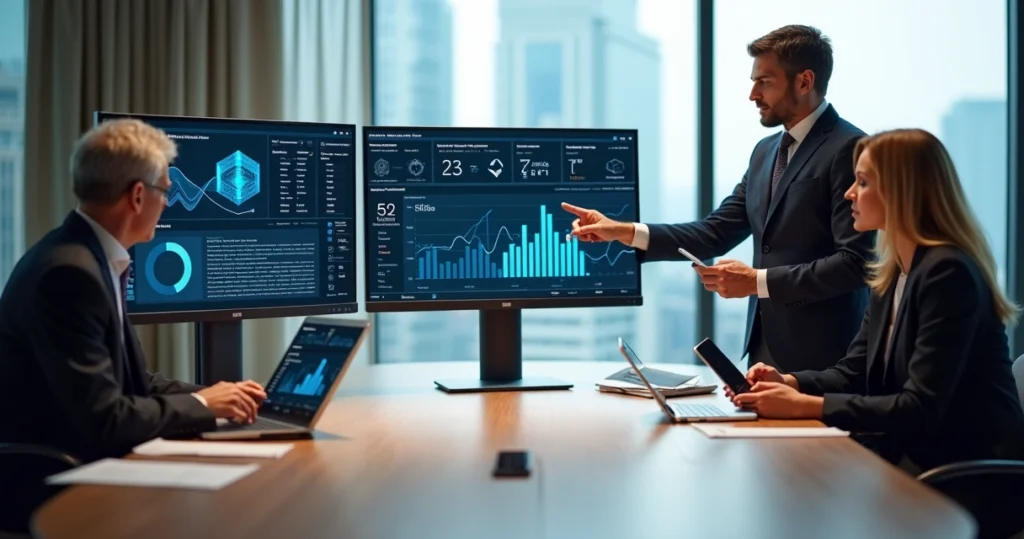 Mesa moderna com três telas exibindo gráficos e dados jurídicos enquanto três advogados analisam e comparam informações detalhadas