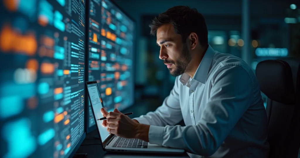 Advogado analisando tela dividida com gráficos sobre software e consultoria em inteligência artificial