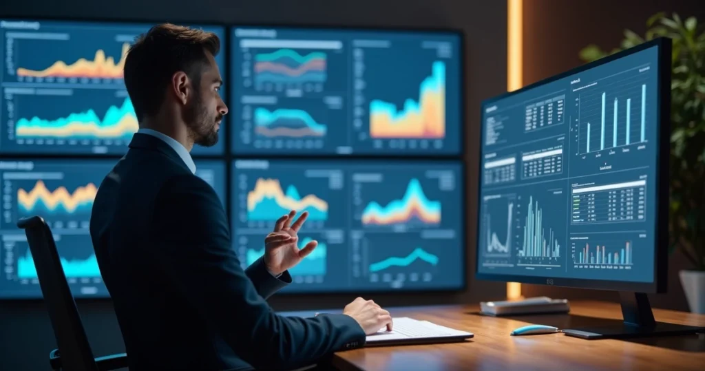 Advogado analisando dados jurídicos em múltiplas telas digitais com gráficos e estatísticas