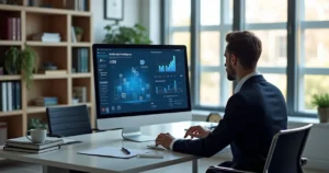 Advogado usando computador com interface moderna de inteligência artificial em escritório jurídico bem iluminado