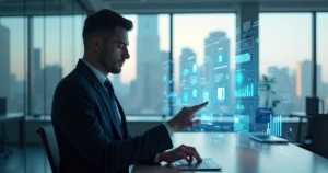 Advogado usando tecnologia com tela holográfica de inteligência artificial ao fundo