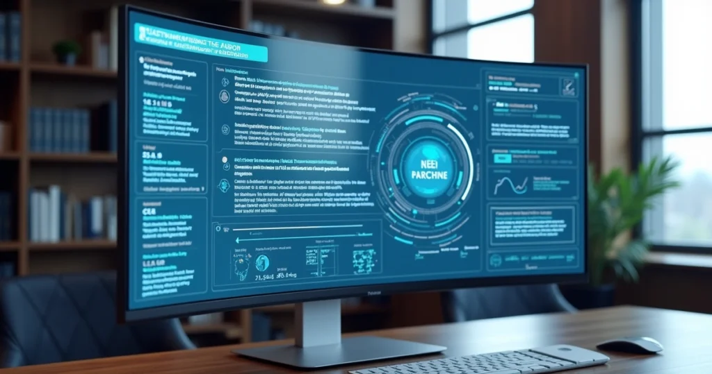 Tela de computador exibindo interface moderna de sistema de inteligência artificial utilizado para elaborar sentenças trabalhistas