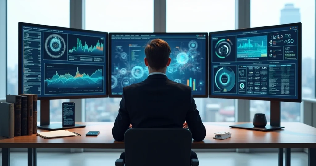 Advogado usando computador moderno com gráficos e ícones tecnológicos na tela do escritório jurídico