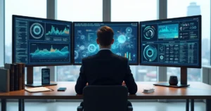 Advogado usando computador moderno com gráficos e ícones tecnológicos na tela do escritório jurídico