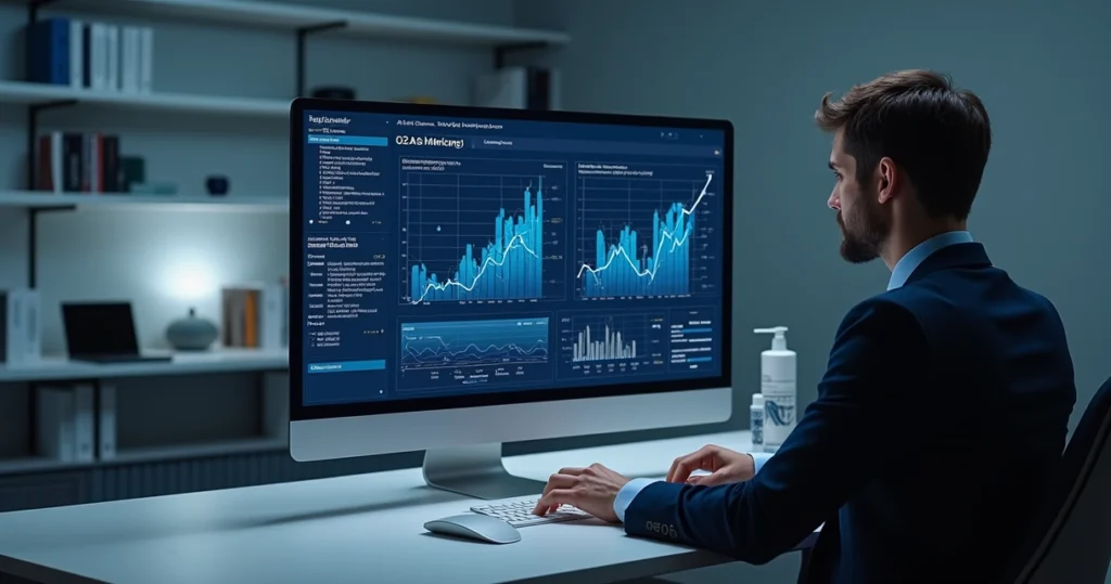 Advogado usando computador para análise de dados jurídicos com gráficos na tela