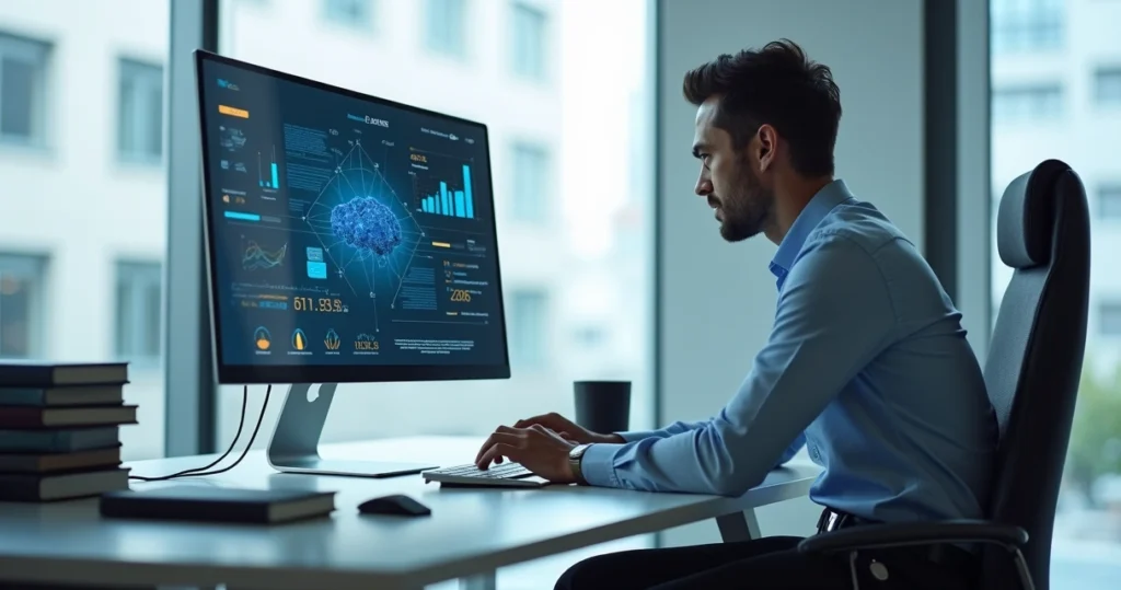 Advogado utilizando computador com interface de inteligência artificial em escritório moderno