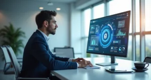Advogado usando computador com interface digital de inteligência artificial para automação de contratos