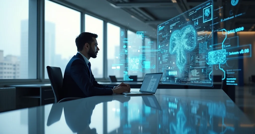 Advogado trabalhando com tela digital cheia de gráficos e dados de inteligência artificial no escritório moderno