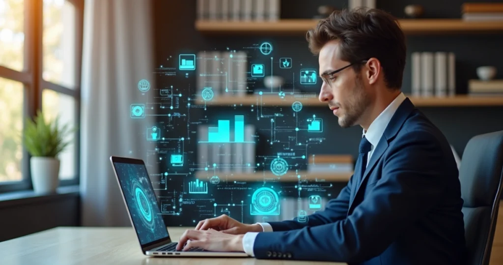 Advogado usando laptop moderno com gráficos digitais ao redor, em ambiente de escritório elegante e iluminado