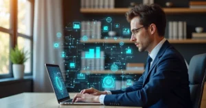 Advogado usando laptop moderno com gráficos digitais ao redor, em ambiente de escritório elegante e iluminado