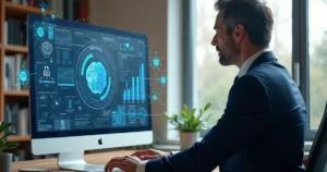 Advogado usando computador com interface de inteligência artificial na tela em escritório moderno