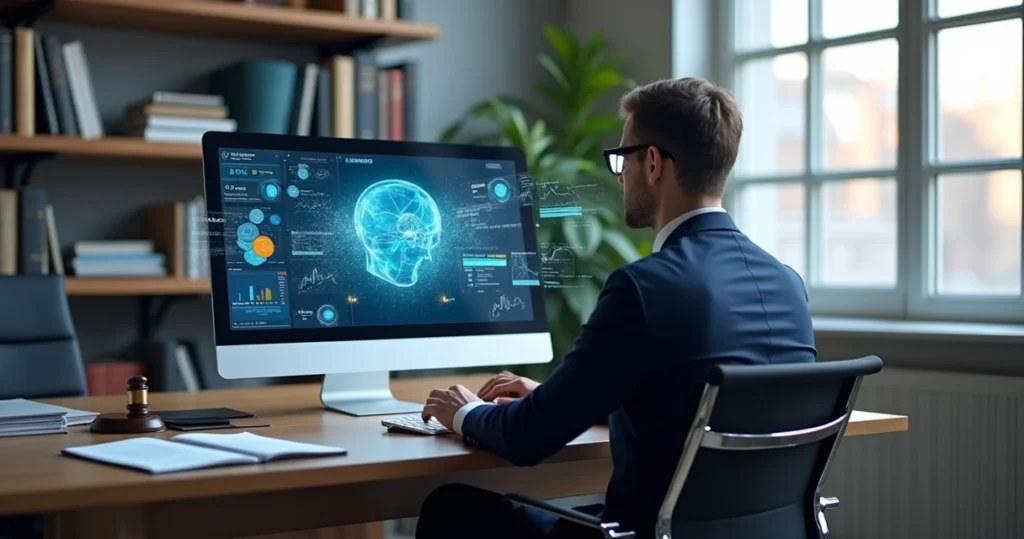 Advogado usando inteligência artificial no computador em escritório moderno e bem iluminado