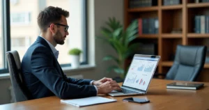 Advogado usando inteligência artificial em computador moderno com gráficos e documentos jurídicos na tela
