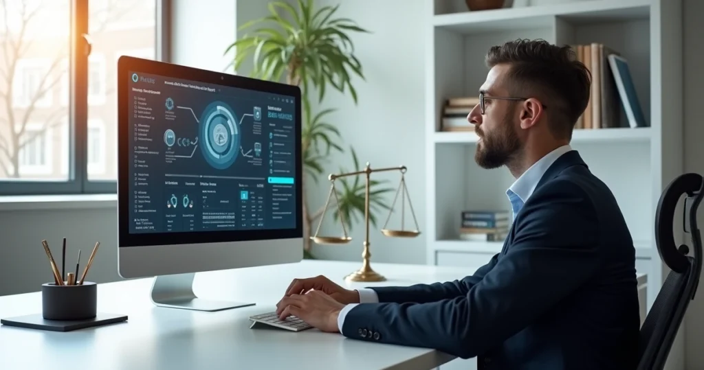 Advogado usando computador com interface de inteligência artificial em escritório moderno e organizado