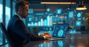Advogado utilizando plataforma de IA jurídica em computador moderno no escritório