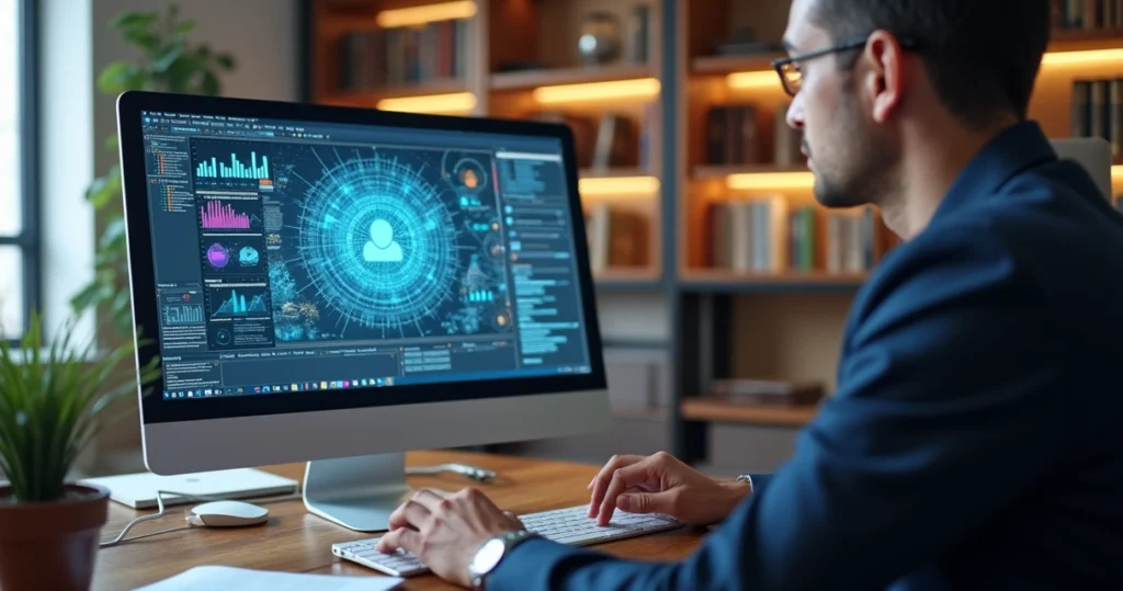 Advogado usando computador com gráficos digitais e elementos de inteligência artificial na tela