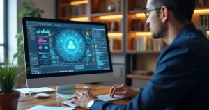 Advogado usando computador com gráficos digitais e elementos de inteligência artificial na tela