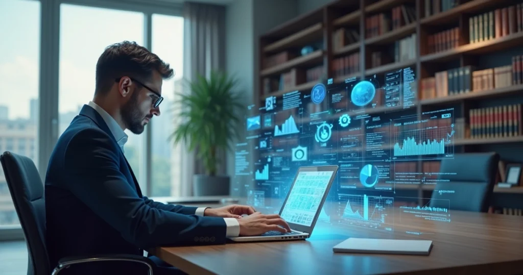 Advogado utilizando um laptop com gráficos digitais flutuando ao redor em escritório moderno