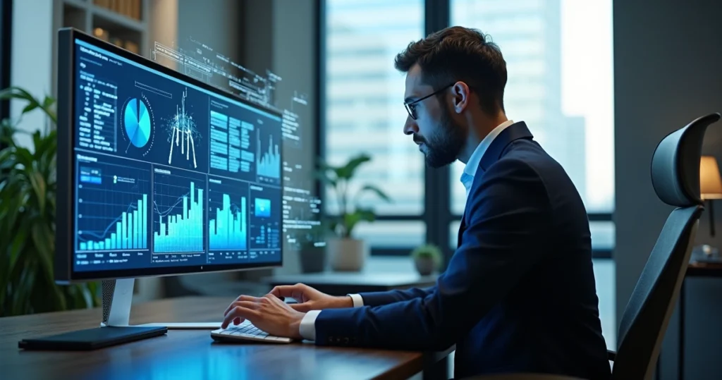 Advogado usando inteligência artificial em computador moderno com gráficos e documentos digitais na tela