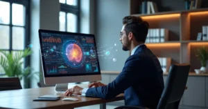 Advogado usando computador com gráficos de análise e ícones de inteligência artificial em escritório moderno