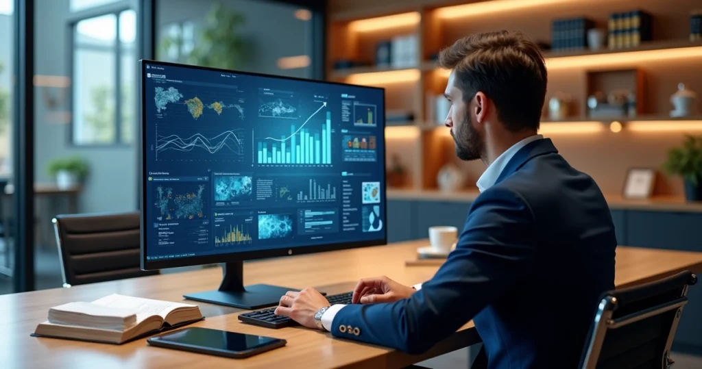Advogado usando inteligência artificial em computador com gráficos e documentos jurídicos na tela