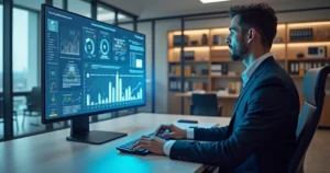 Advogado em escritório moderno usando computador com interface digital de inteligência artificial no monitor