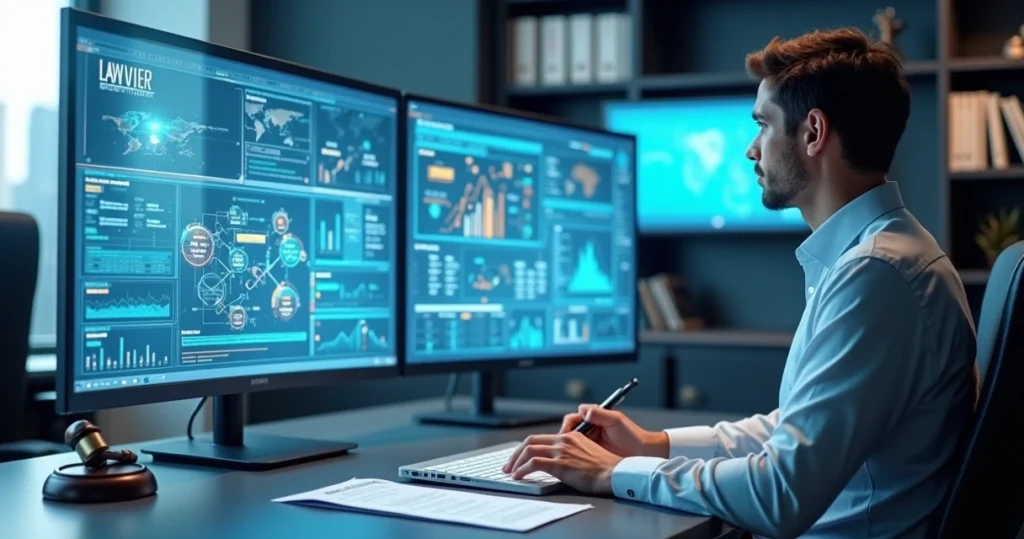 Advogado trabalhando no escritório com telas digitais mostrando gráficos e documentos jurídicos