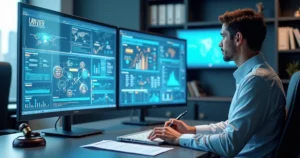 Advogado trabalhando no escritório com telas digitais mostrando gráficos e documentos jurídicos