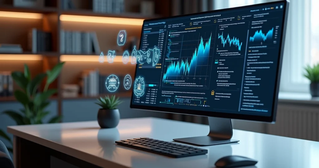 Computador moderno com tela exibindo gráficos e código de algoritmo de inteligência artificial em ambiente de escritório jurídico contemporâneo
