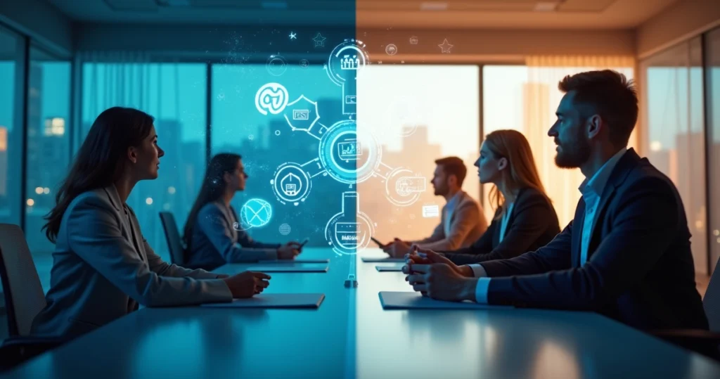 Representação de automação e delegação em advocacia com tecnologia e equipe trabalhando lado a lado