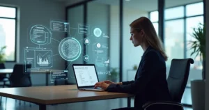 Advogado trabalhando com computador exibindo gráficos e contratos digitais em escritório moderno
