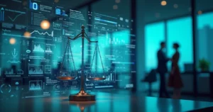 Representação visual de inteligência artificial em ambiente jurídico, com tela digital exibindo dados e gráficos de análise preditiva sobre fundo de escritório de advocacia moderno