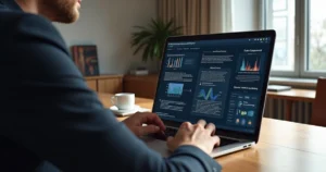 Advogado sentado à mesa com laptop aberto realizando pesquisa jurídica com inteligência artificial em tela cheia