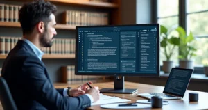 Advogado revisando texto jurídico em tela de computador com interface de IA, escritório moderno