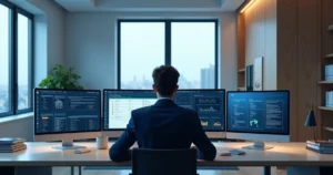 Escritório jurídico moderno com advogado usando computador com interface de inteligência artificial na tela