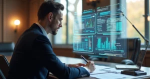 Advogado analisando documentos com apoio de interface digital de inteligência artificial em escritório moderno