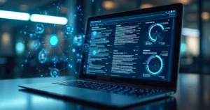 Tela de computador exibindo análise de texto jurídico com gráficos preditivos e elementos digitais ao redor