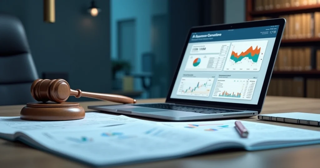 Mesa de escritório moderno com documentos jurídicos e laptop aberto mostrando análise de dados financeiros para pedido de justiça gratuita