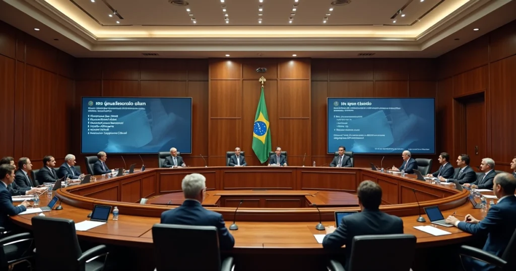 Plenário do STF com ministros durante julgamento virtual com telas digitais ao fundo