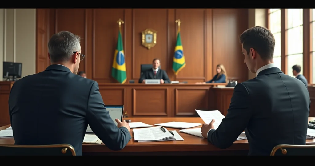 Sala de tribunal moderno com juiz e advogados analisando documentos previdenciários