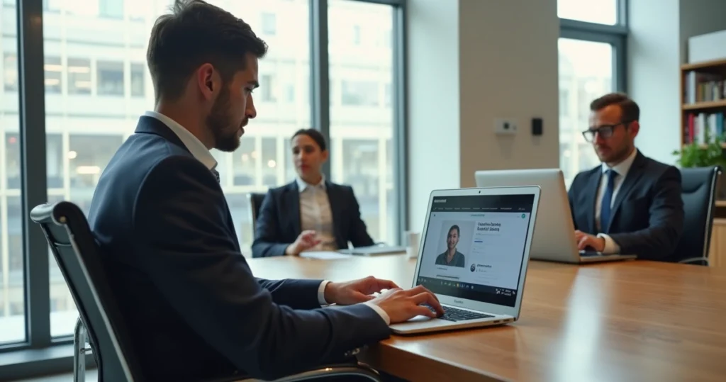 Advogada em escritório jurídico acessando notebook com recursos de acessibilidade digital