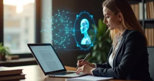 Advogada analisando petição no notebook com ilustração de inteligência artificial ao fundo