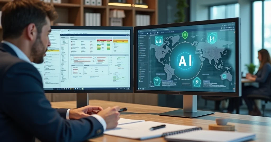 Advogado em escritório analisando fluxo de trabalho com inteligência artificial