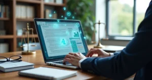 Advogado produzindo conteúdo jurídico no notebook com interface de inteligência artificial na tela