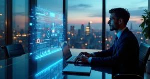 Advogado em escritório digital cercado por hologramas de inteligência artificial