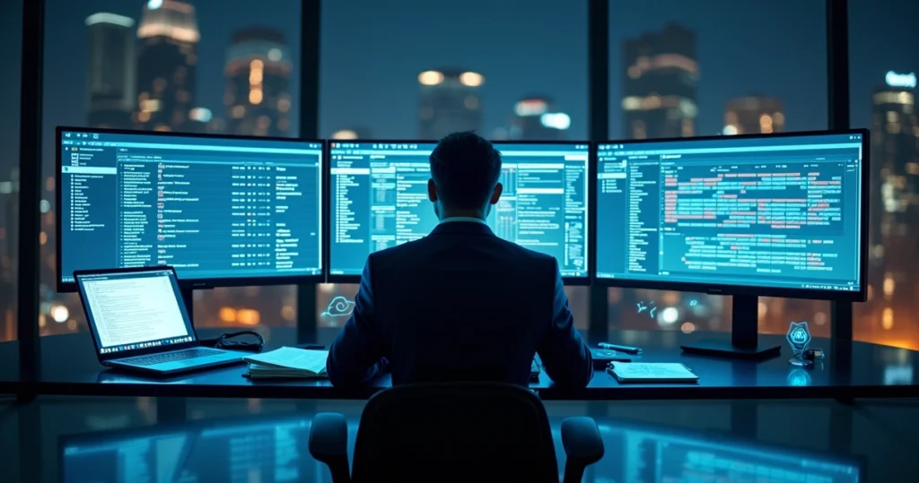 Advogado analisando grande painel de dados digitais em escritório moderno
