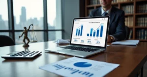 Sócio de escritório analisando gráficos de ROI de IA jurídica na tela do notebook