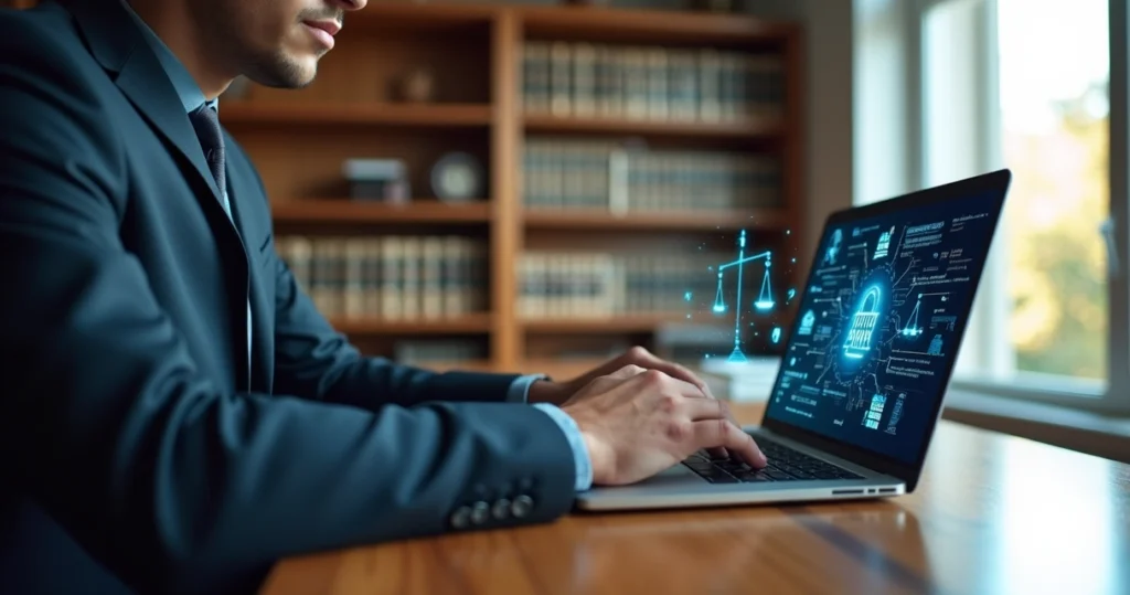 Advogado brasileiro usando notebook com símbolos de direito e inteligência artificial