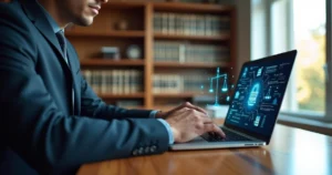 Advogado brasileiro usando notebook com símbolos de direito e inteligência artificial